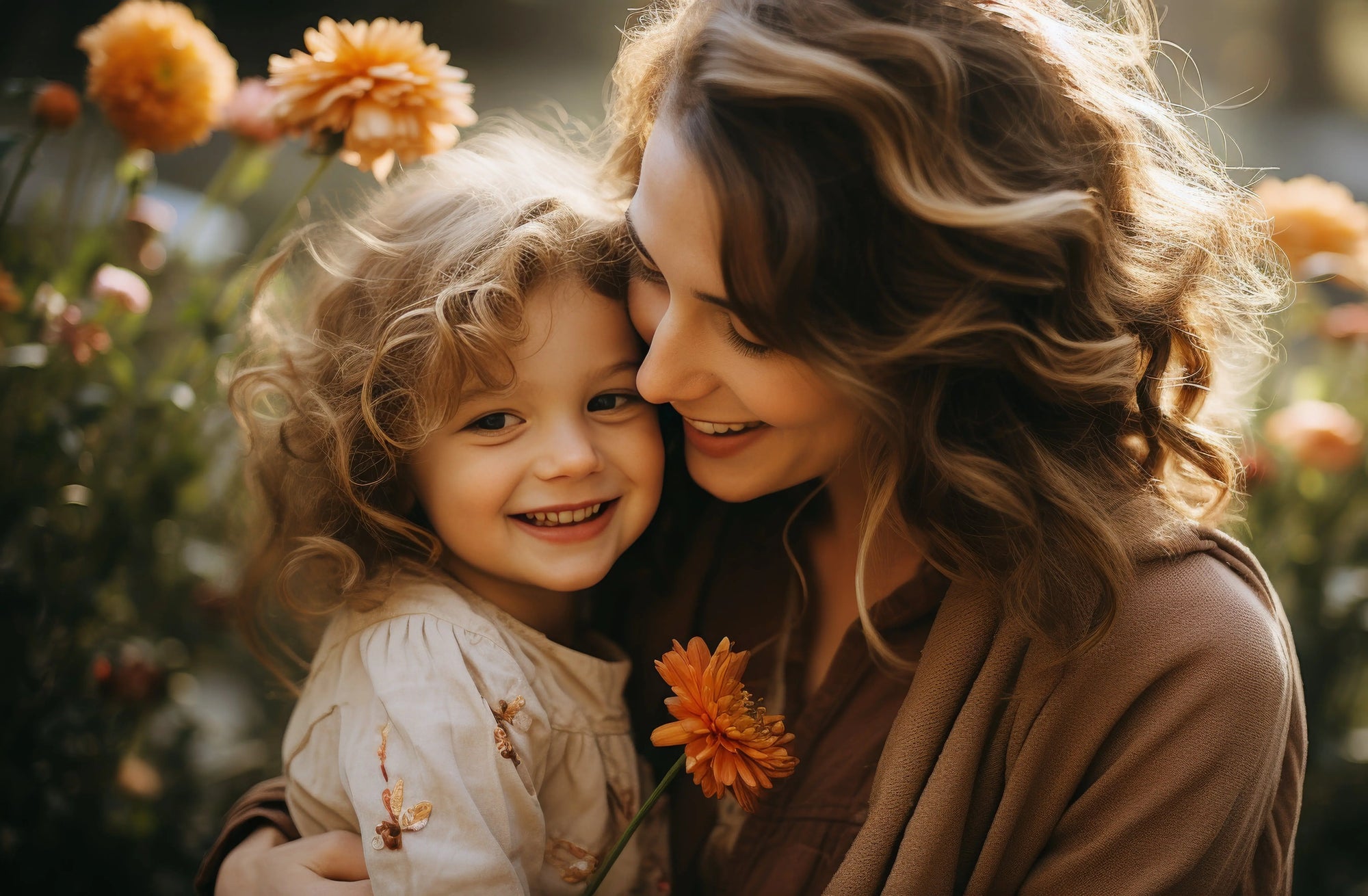 A photo of a mother happily hugging her daughter while holding a flower