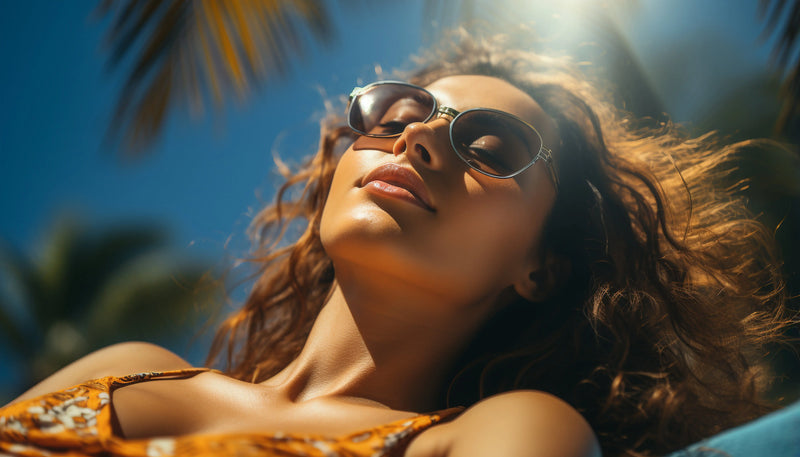 A photo of a woman sunbathing while wearing shades