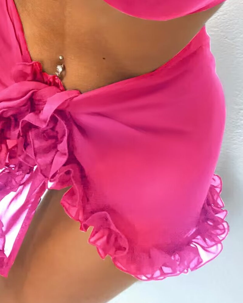 3 PCS Frill Hem Bikini Set with Cover Up Skirt
