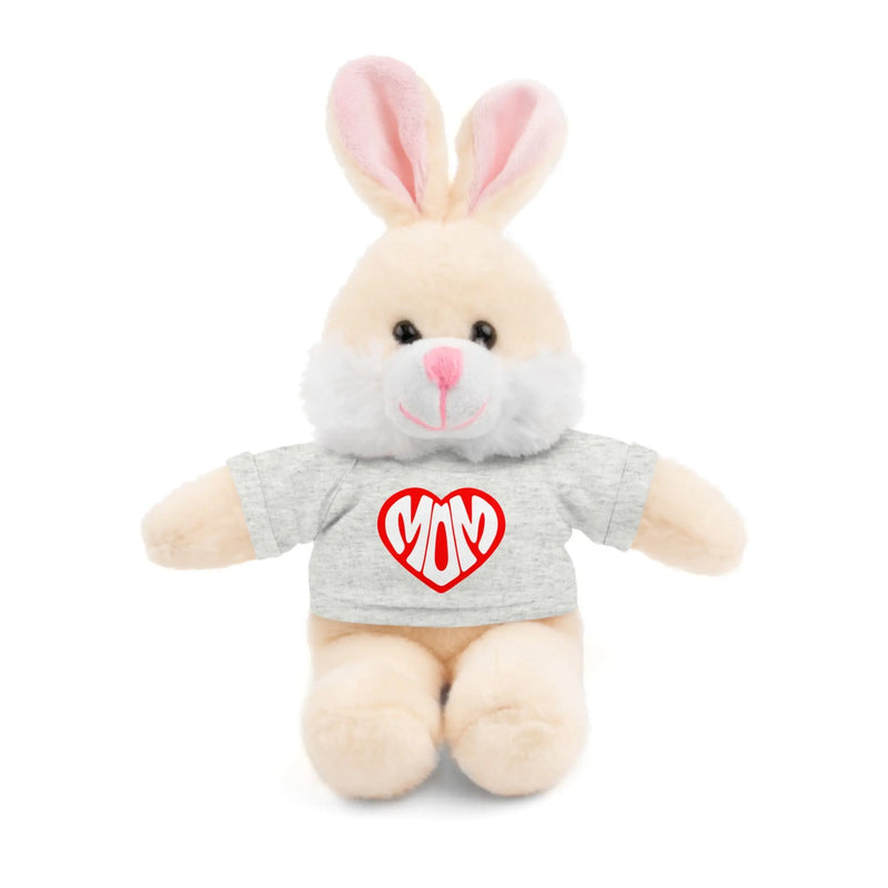 Adorable Stuffed Animal with 'Mom' Heart Tee - Perfect Gift for Mother's Day Bunny in a grey t-shirt