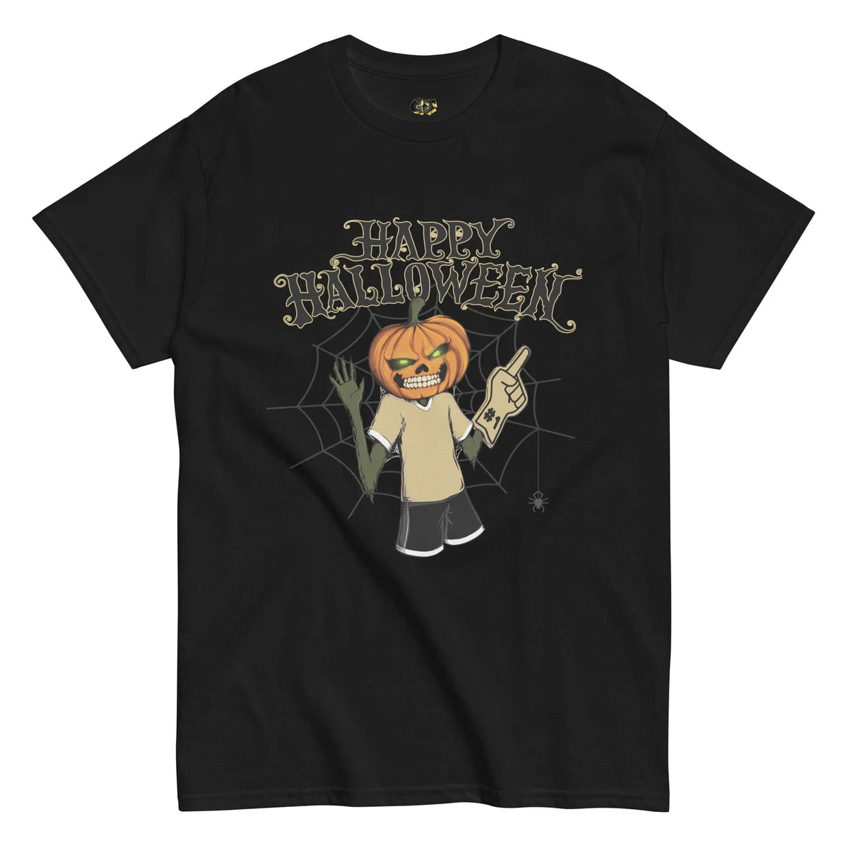 Black t-shirt featuring Lanny the Jack-o’-Lantern in buffalo colors, holding a foam finger with ‘Happy Halloween’ text and spooky cobweb background.