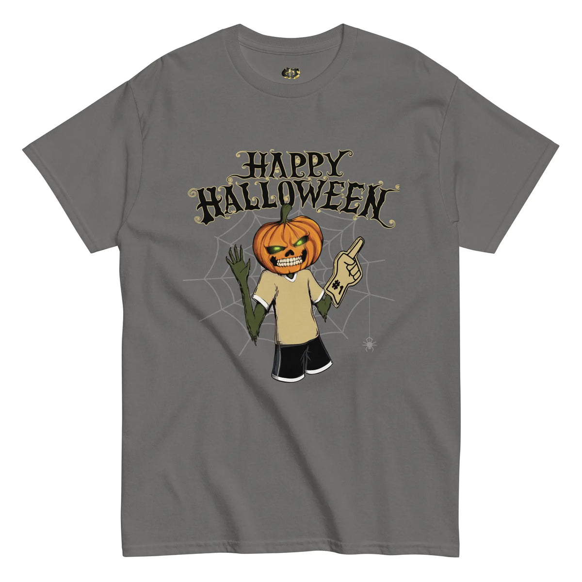 Grey t-shirt featuring Lanny the Jack-o’-Lantern in Wolverine colors, holding a foam finger with ‘Happy Halloween’ text and spooky cobweb background.
