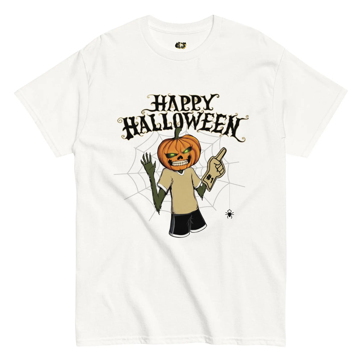 White t-shirt featuring Lanny the Jack-o’-Lantern in buffalo colors, holding a foam finger with ‘Happy Halloween’ text and spooky cobweb background.