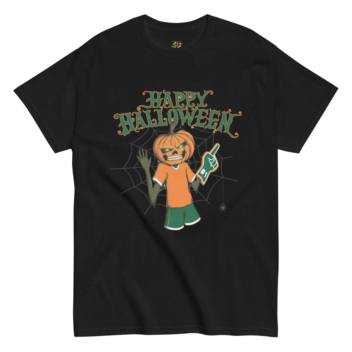 Black t-shirt featuring Lanny the Jack-o’-Lantern in Hurricane colors, holding a foam finger with ‘Happy Halloween’ text and spooky cobweb background