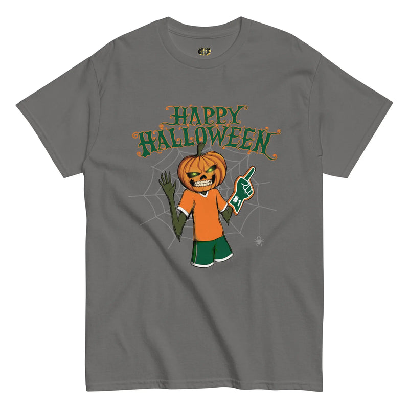 Grey t-shirt featuring Lanny the Jack-o’-Lantern in Wolverine colors, holding a foam finger with ‘Happy Halloween’ text and spooky cobweb background