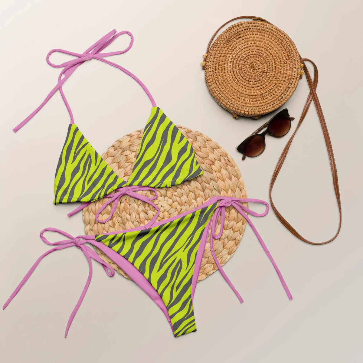 Chartreuse Rose Tiger Two-Piece String Bikini