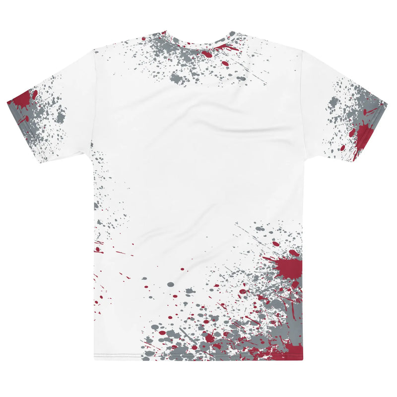 White t-shirt with crimson red text reading ‘Crimson Tide’ across the chest, featuring an all-over crimson and gray paint splatter design