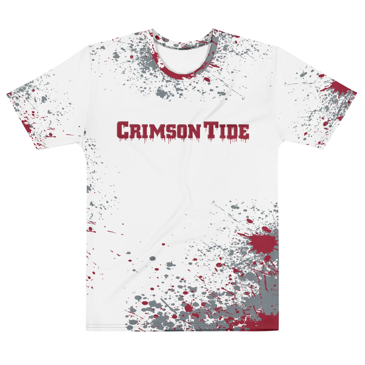 White t-shirt with crimson red text reading ‘Crimson Tide’ across the chest, featuring an all-over crimson and gray paint splatter design