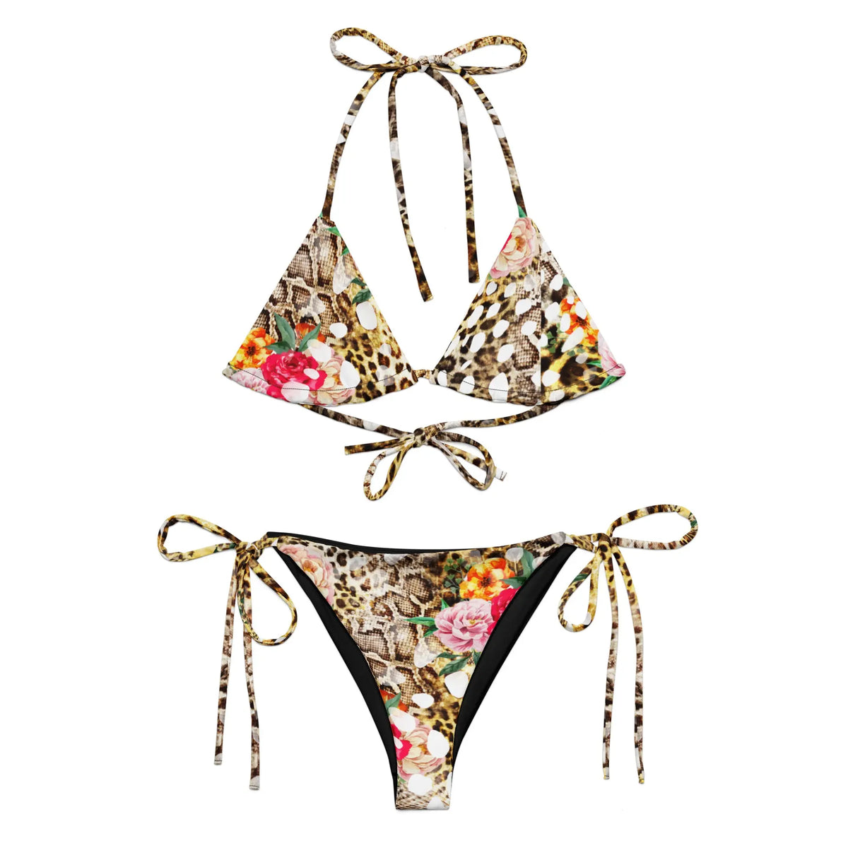 Floral leopard print triangle bikini set with drawstring ties, featuring bold mixed animal and flower patterns in pink, red, and orange accents.