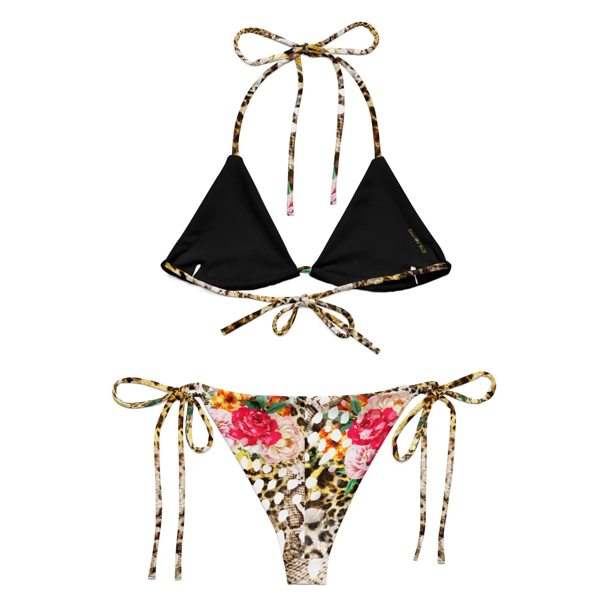 Floral leopard print triangle bikini set with drawstring ties, featuring bold mixed animal and flower patterns in pink, red, and orange accents.