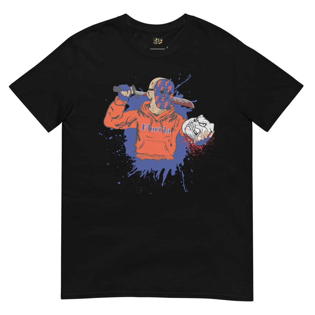 Black t-shirt featuring Jason Voorhees-inspired character in Gator colors, holding a knife and rival mascot head, with spooky Halloween design