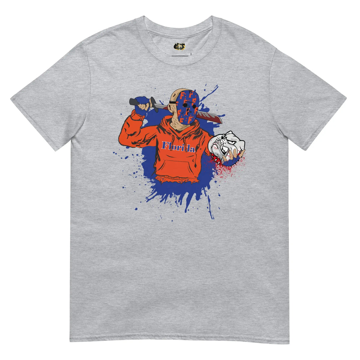 Grey t-shirt featuring Jason Voorhees-inspired character in Gator colors, holding a knife and rival mascot head, with spooky Halloween design.
