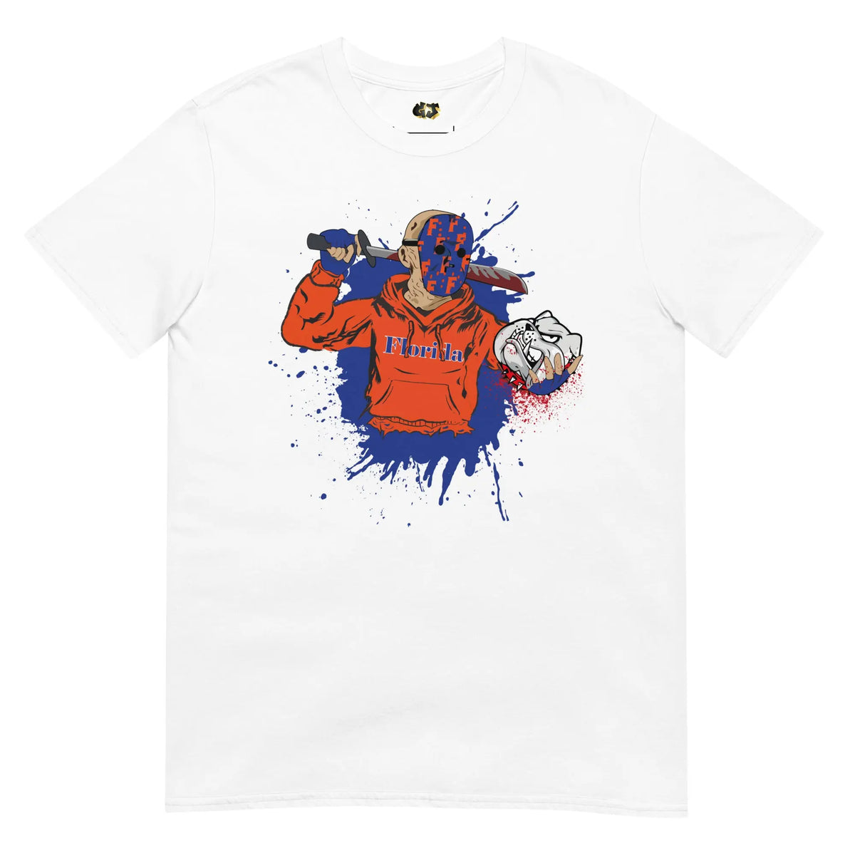 White t-shirt featuring Jason Voorhees-inspired character in Gator colors, holding a knife and rival mascot head, with spooky Halloween design.