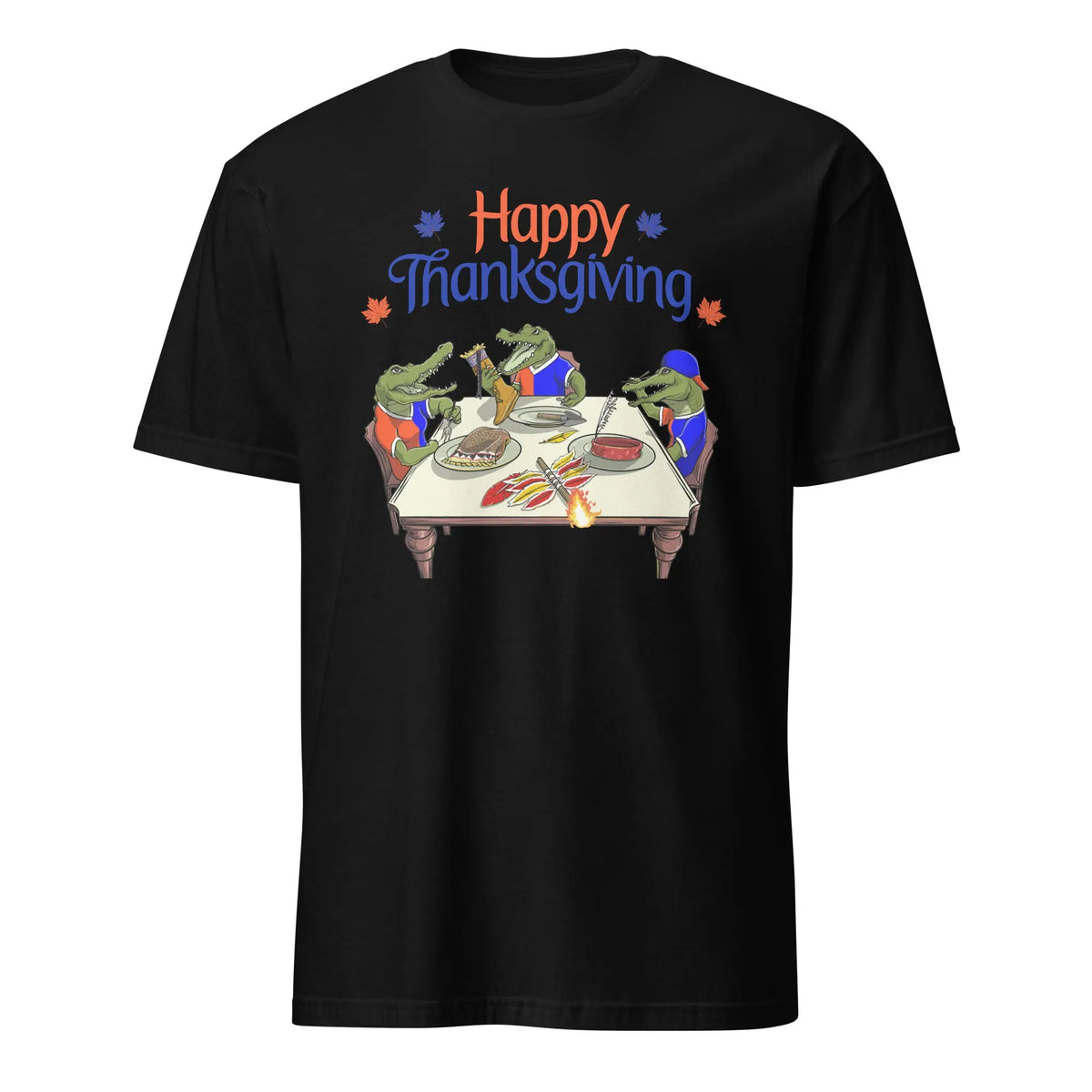 Blackt-shirt with ‘Happy Thanksgiving’ text above three cartoon Florida Gators carving and serving a cooked Seminole mascot at a holiday dinner table
