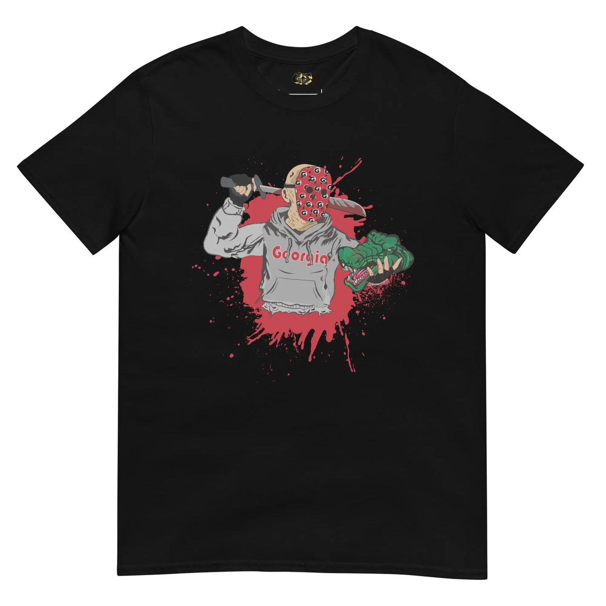 Black t-shirt featuring Jason Voorhees-inspired character in Bulldog colors, holding a knife and rival mascot head, with spooky Halloween design
