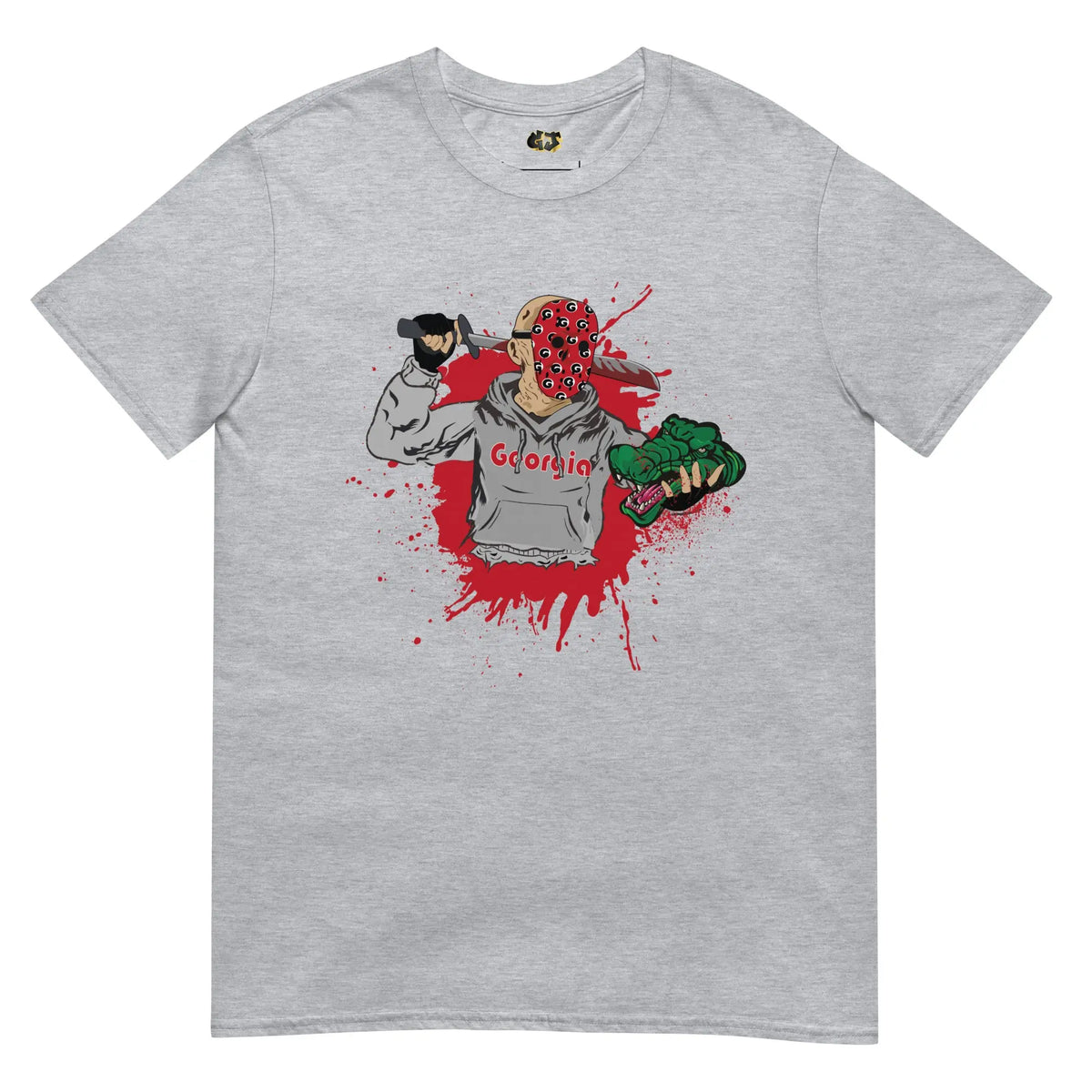 Grey t-shirt featuring Jason Voorhees-inspired character in Bulldog colors, holding a knife and rival mascot head, with spooky Halloween design