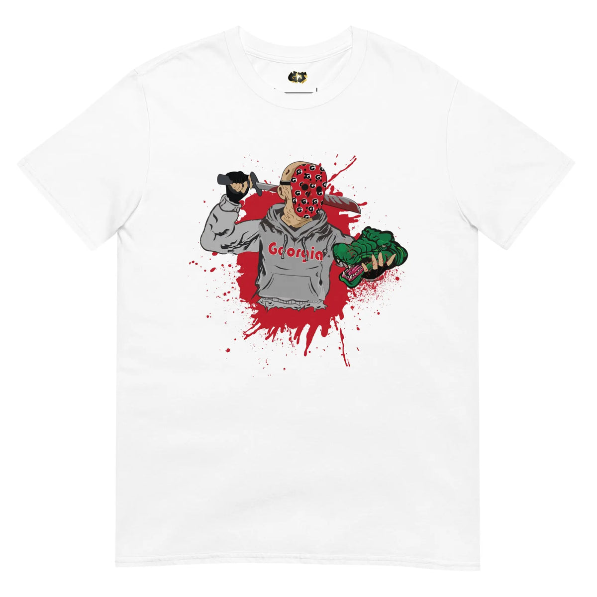 White t-shirt featuring Jason Voorhees-inspired character in Bulldog colors, holding a knife and rival mascot head, with spooky Halloween design
