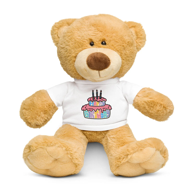 Happy Birthday teddy bear wearing a white shirt with a pink cupcake design and candles – stuffed animal gift for girls