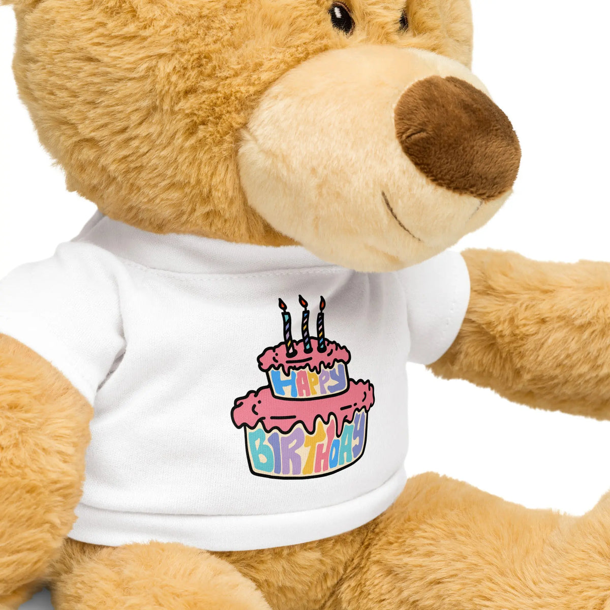 Happy Birthday teddy bear wearing a white shirt with a pink cupcake design and candles – stuffed animal gift for girls