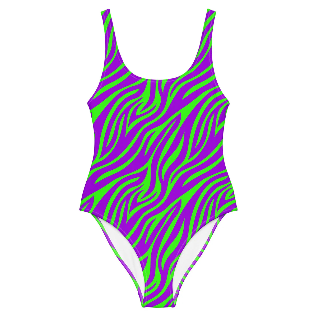 Purple and green neon zebra print one-piece swimsuit with high-cut legs and scoop back, styled in a bold Y2K retro design.