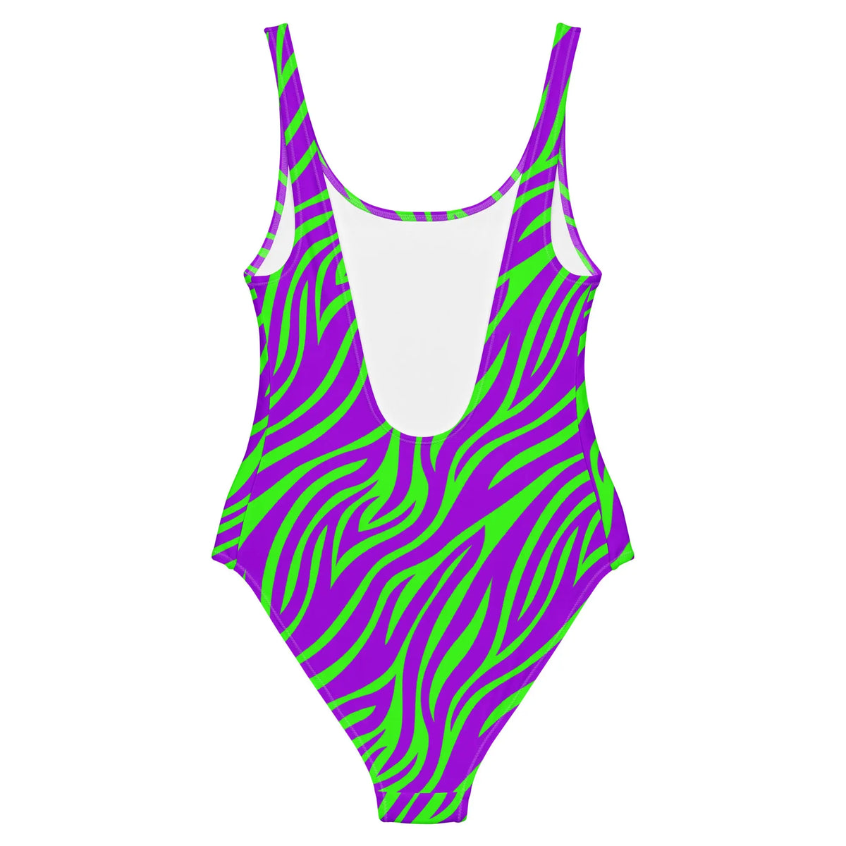 Purple and green neon zebra print one-piece swimsuit with high-cut legs and scoop back, styled in a bold Y2K retro design.