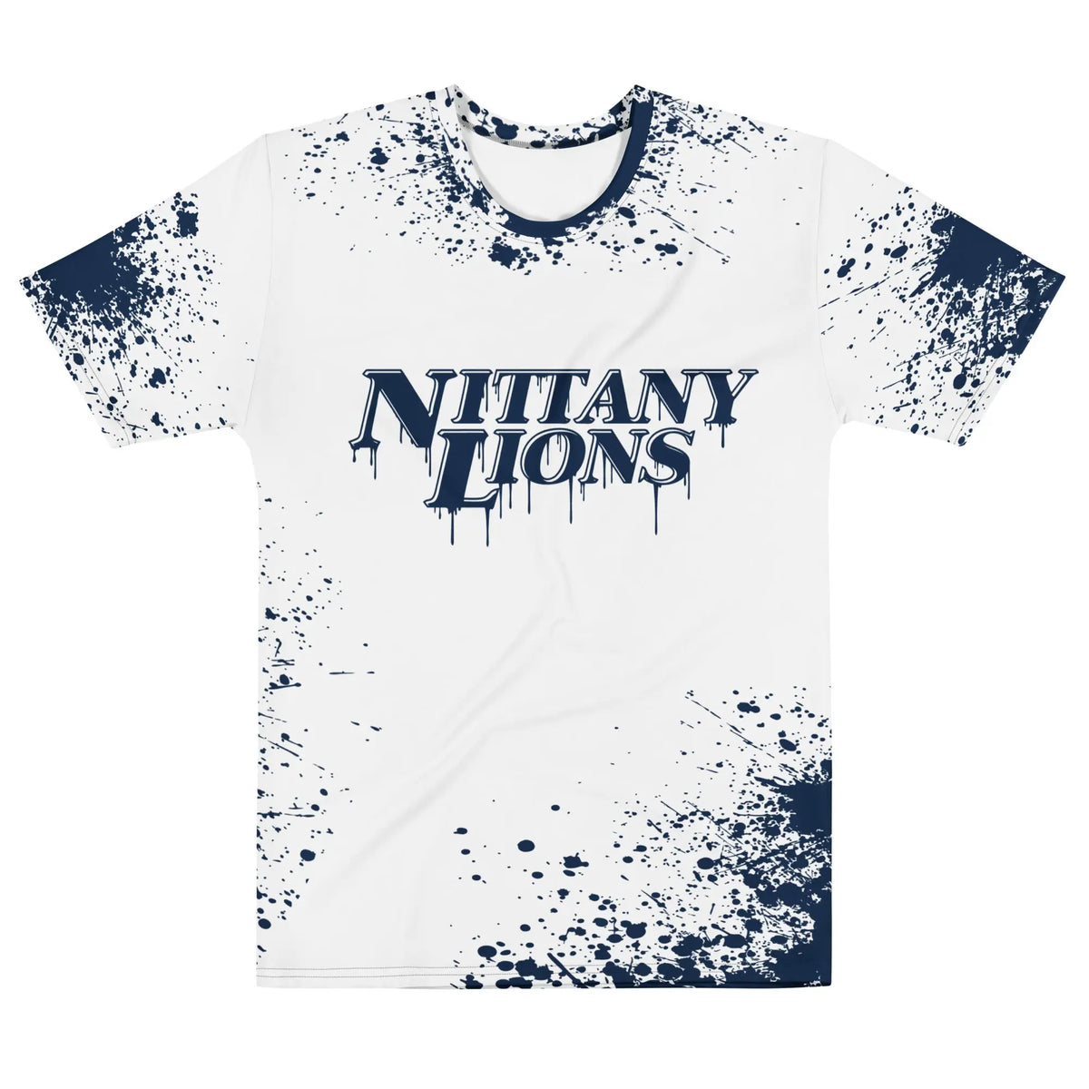 White t-shirt with bold navy text reading ‘Nittany Lions’ across the chest, featuring an all-over blue paint splatter design on the sleeves and lower body.