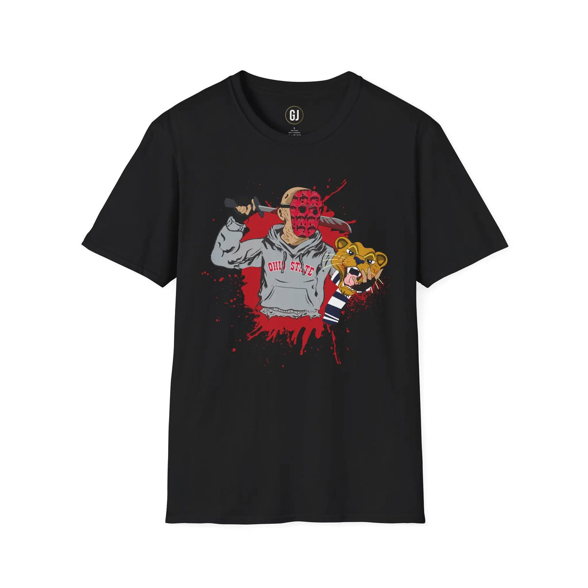 Black T-shirt with hockey-mask slasher in scarlet OSU hoodie holding a rival lion mascot head; red splatter art