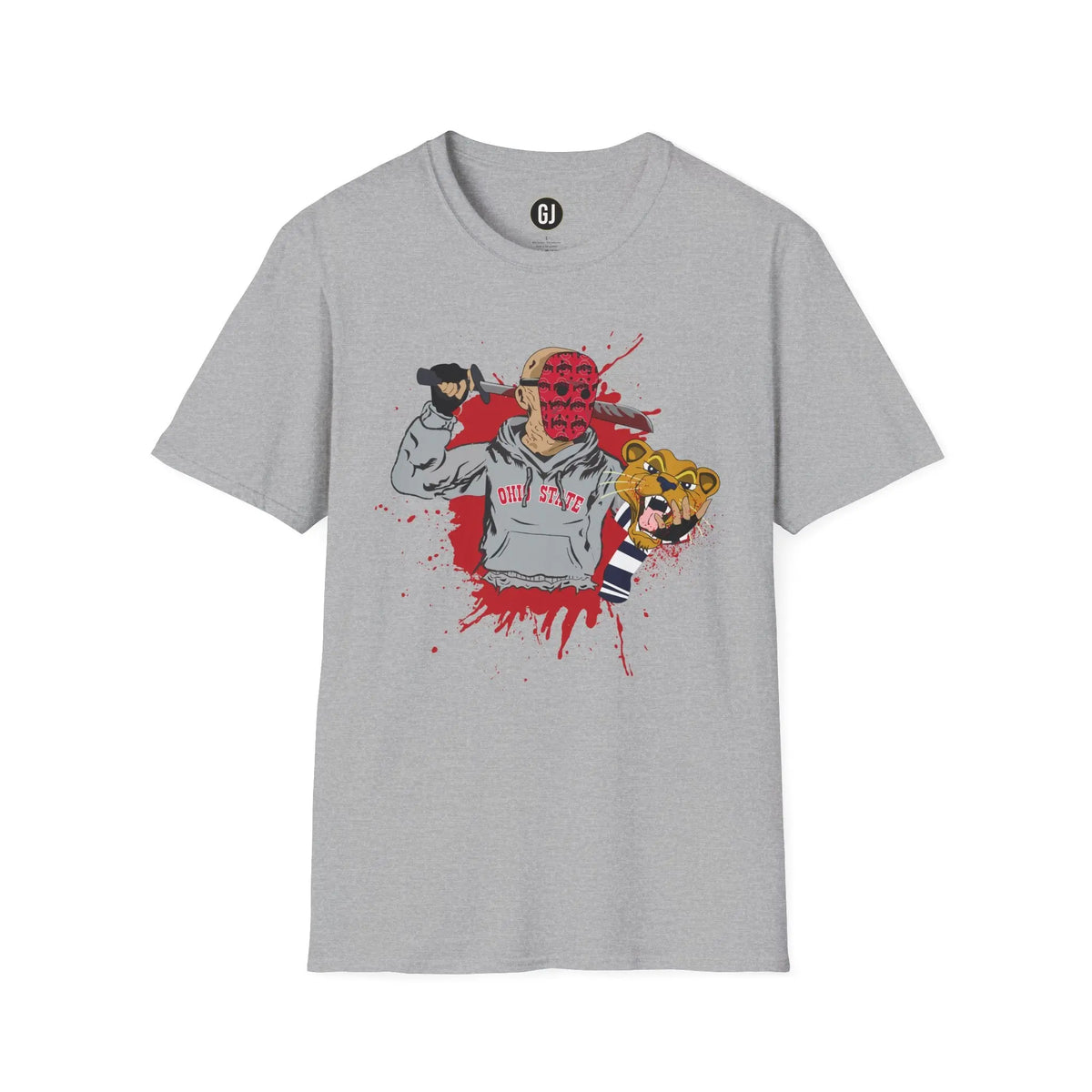 Grey T-shirt with hockey-mask slasher in scarlet OSU hoodie holding a rival lion mascot head; red splatter art