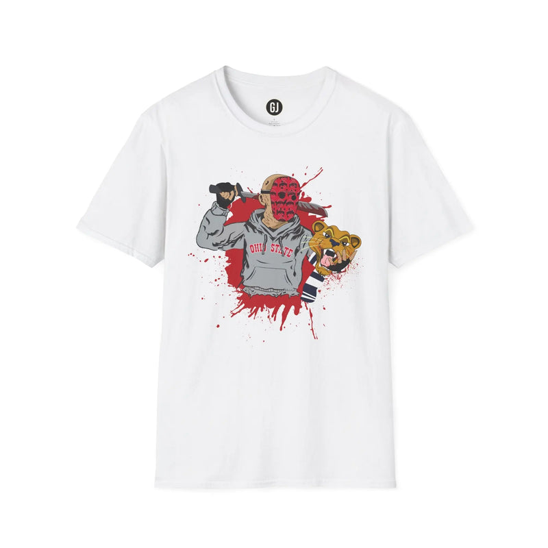 White T-shirt with hockey-mask slasher in scarlet OSU hoodie holding a rival lion mascot head; red splatter art