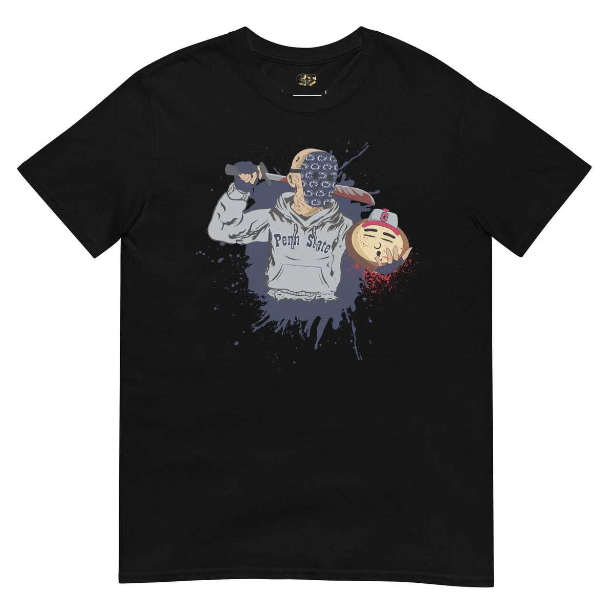 Black tee with hockey-mask slasher in “Penn State” hoodie holding rival mascot head; Halloween parody splatter art