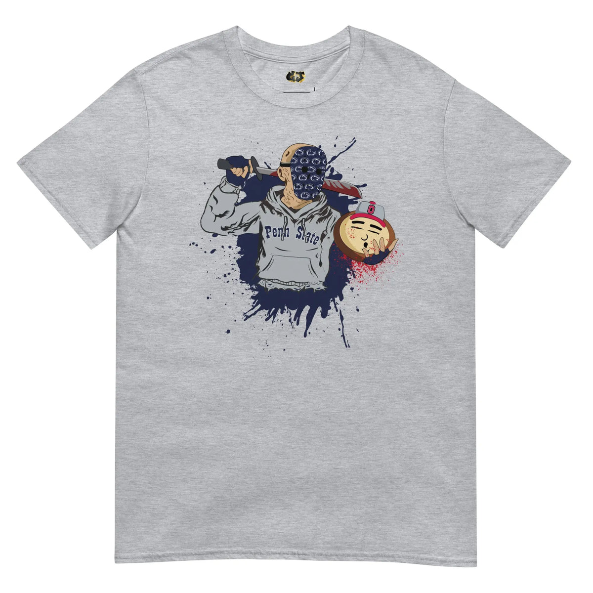 Grey tee with hockey-mask slasher in “Penn State” hoodie holding rival mascot head; Halloween parody splatter art