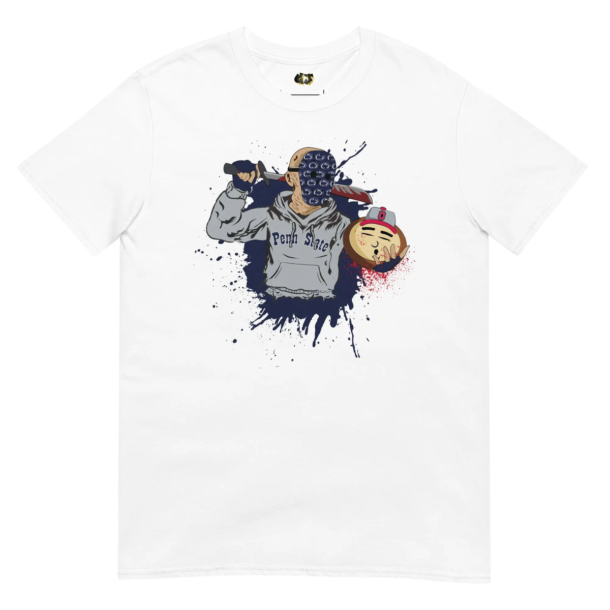 White tee with hockey-mask slasher in “Penn State” hoodie holding rival mascot head; Halloween parody splatter art