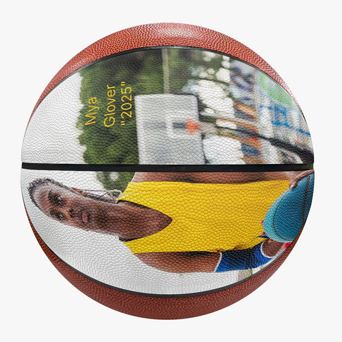 Personalized 2 panel custom basketball with photo, name, and year printed on the front panels – unique sports gift for players, coaches, seniors, and basketball fans.