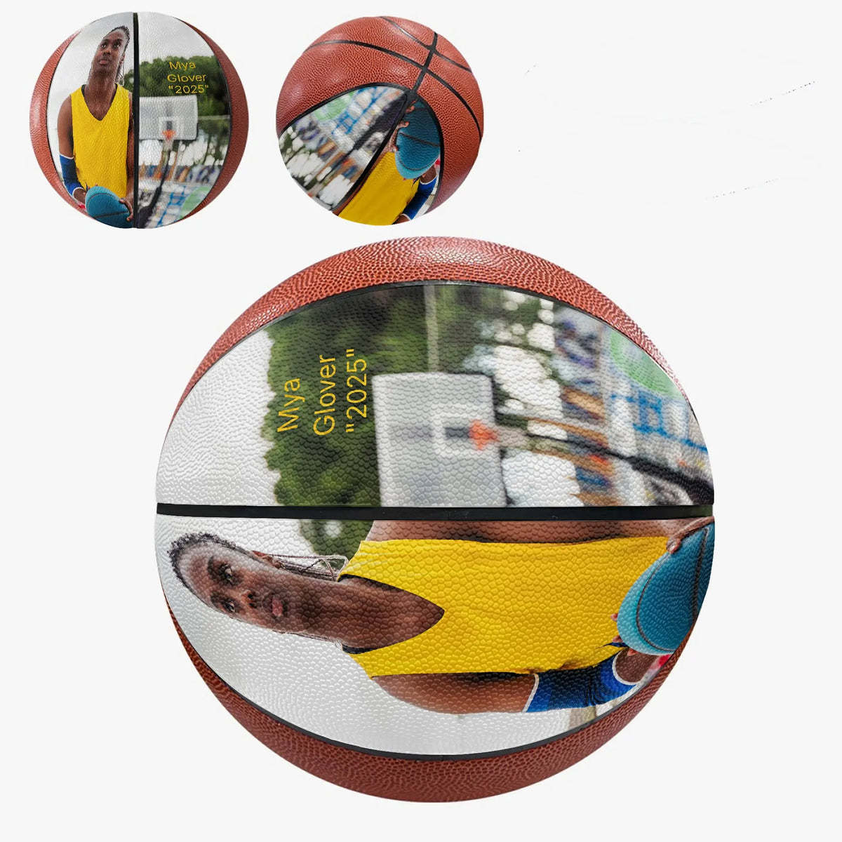 Personalized 2 panel custom basketball with photo, name, and year printed on the front panels – unique sports gift for players, coaches, seniors, and basketball fans.