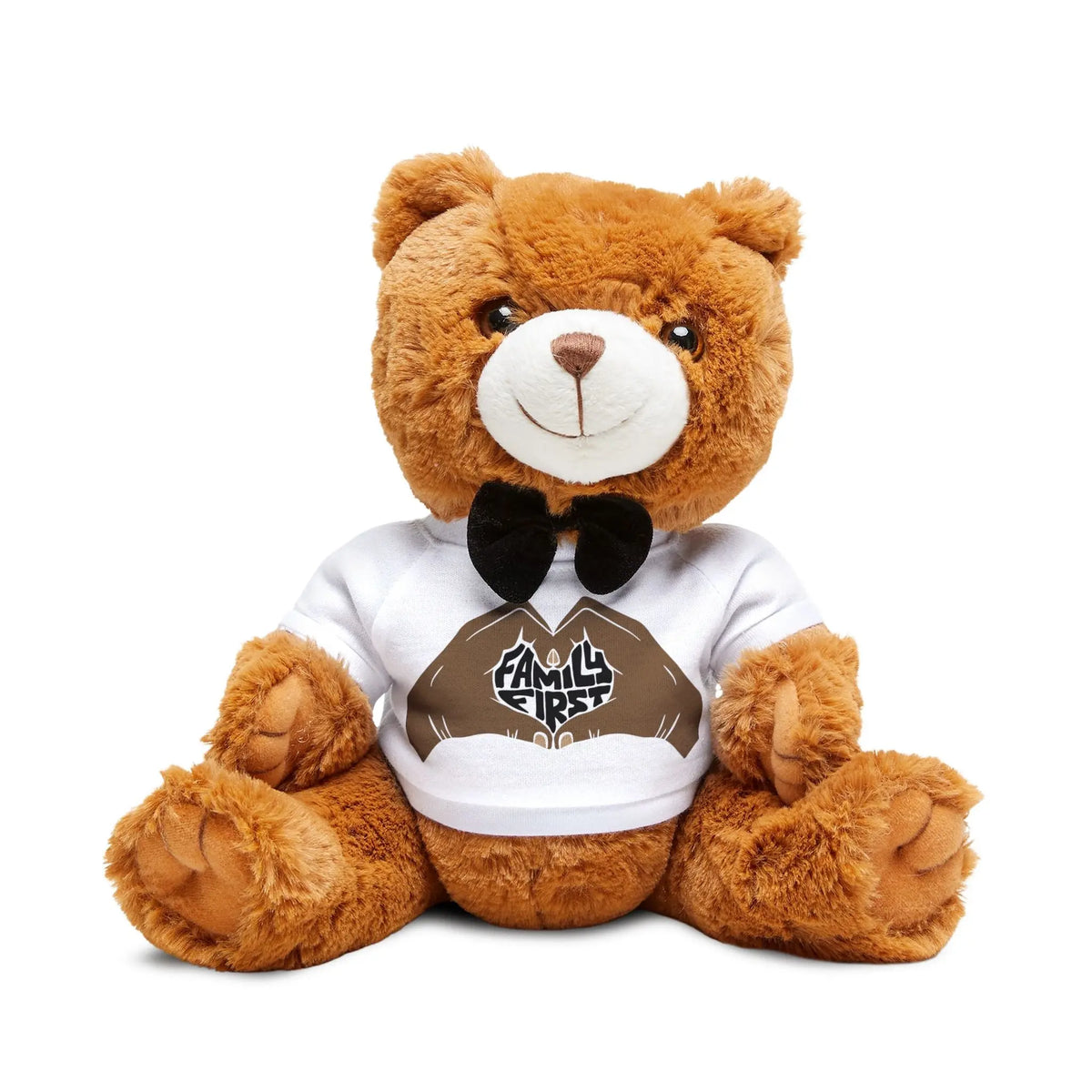 Personalized teddy bear with custom t-shirt featuring heart hands design and “Family First” text. Option to add family name below the graphic. Soft plush bear perfect for family gifts, reunions, Mother’s Day, or special keepsakes. Ideal custom gift for loved ones.