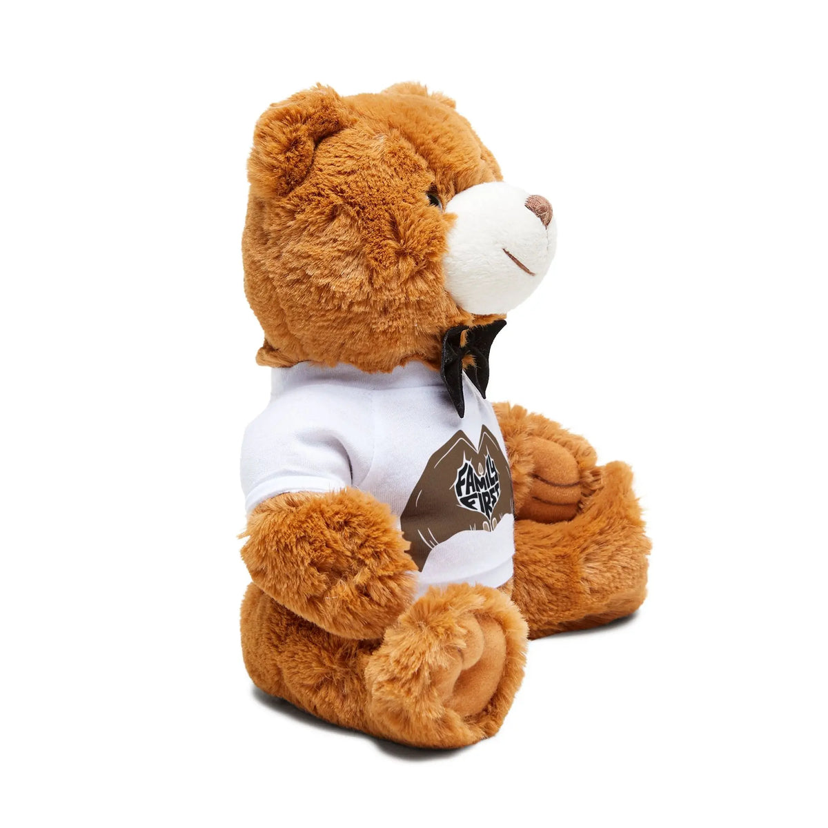 Personalized teddy bear with custom t-shirt featuring heart hands design and “Family First” text. Option to add family name below the graphic. Soft plush bear perfect for family gifts, reunions, Mother’s Day, or special keepsakes. Ideal custom gift for loved ones.