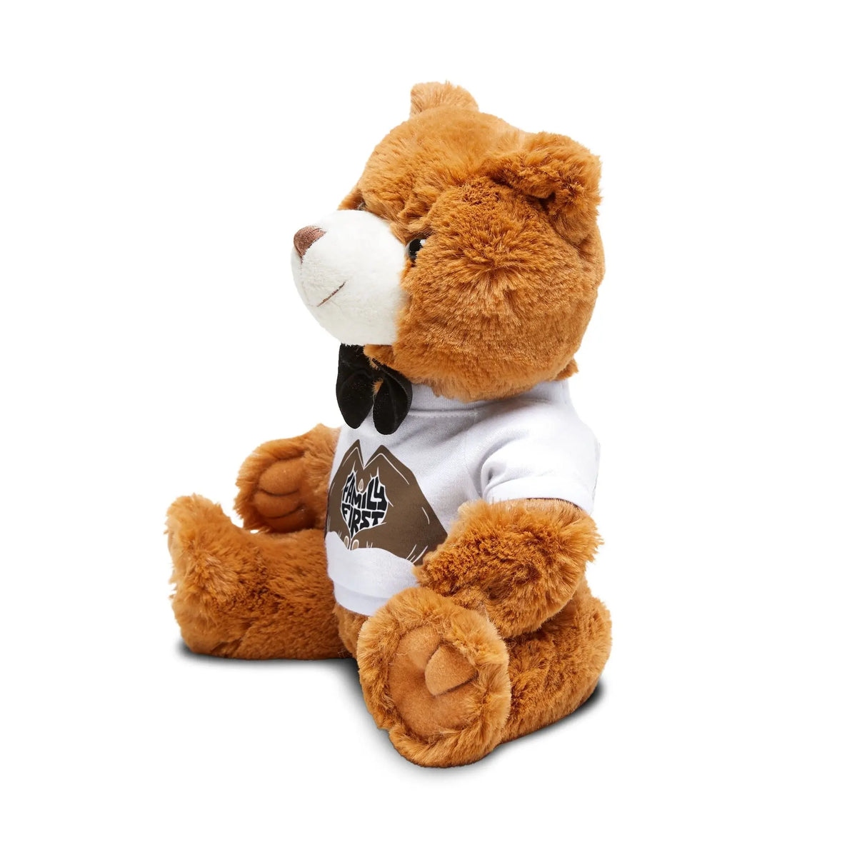 Personalized teddy bear with custom t-shirt featuring heart hands design and “Family First” text. Option to add family name below the graphic. Soft plush bear perfect for family gifts, reunions, Mother’s Day, or special keepsakes. Ideal custom gift for loved ones.