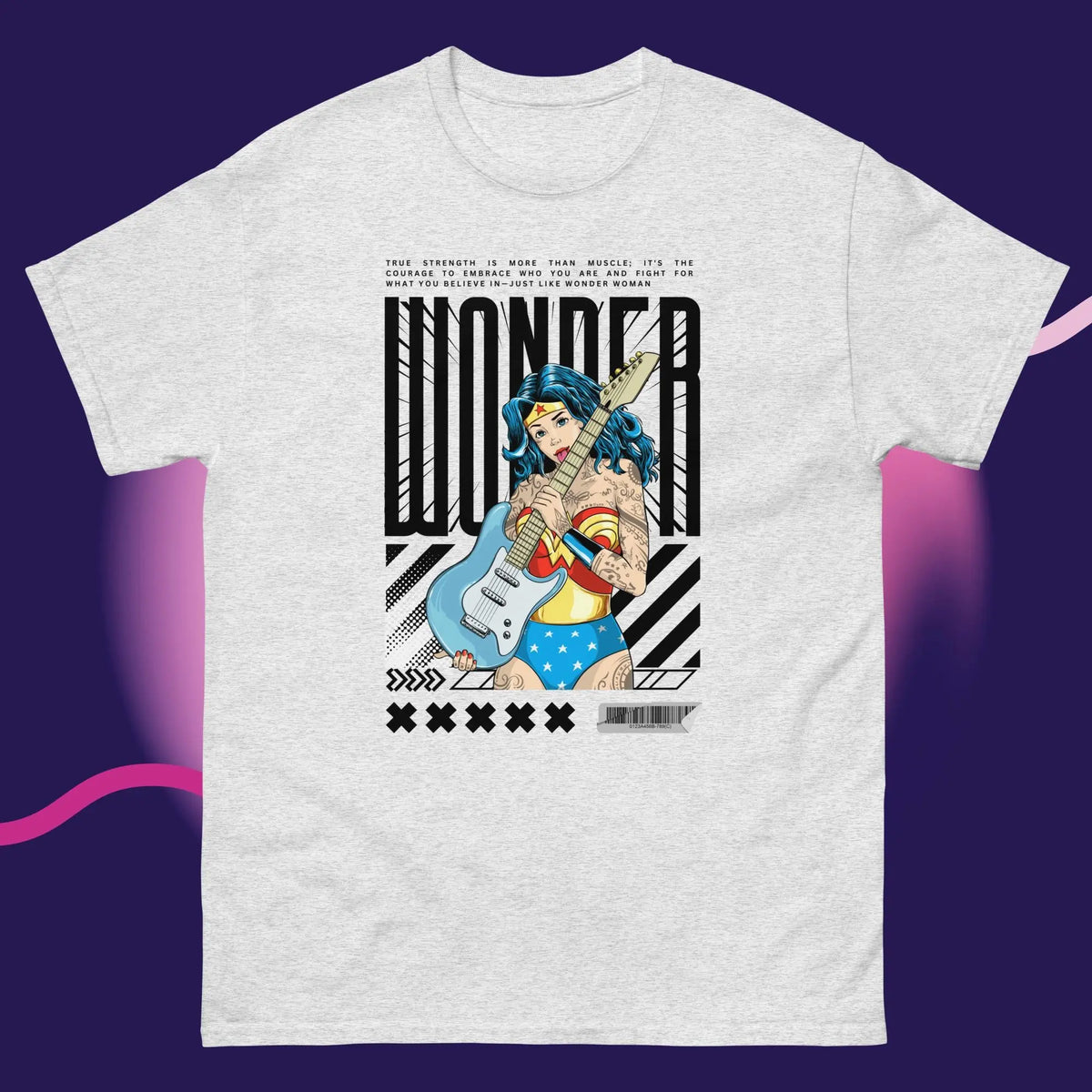 Introducing our exclusive premium t-shirt featuring a one-of-a-kind, vintage-inspired design that combines classic charm with a modern twist. This unique piece showcases Wonder Woman, reimagined in an original artistic style. Draped in intricate tattoos that highlight her iconic strength and grace, she confidently strums a guitar, adding a touch of rebellious edge. With a seductive gaze that captures both power and allure, this design blends superhero mythology with rock ’n’ roll attitude.