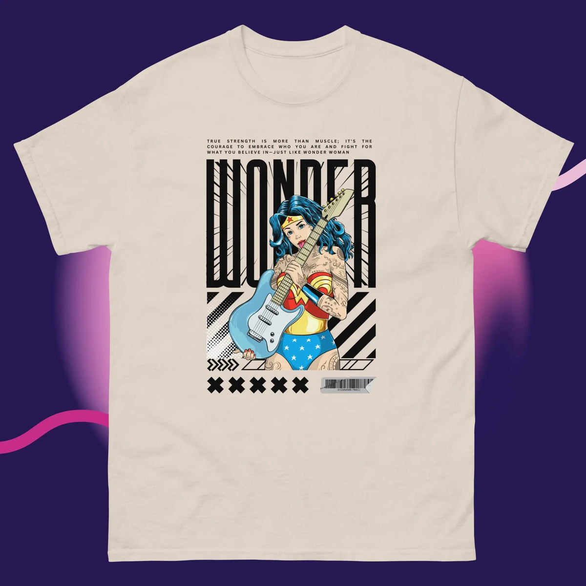 Introducing our exclusive premium t-shirt featuring a one-of-a-kind, vintage-inspired design that combines classic charm with a modern twist. This unique piece showcases Wonder Woman, reimagined in an original artistic style. Draped in intricate tattoos that highlight her iconic strength and grace, she confidently strums a guitar, adding a touch of rebellious edge. With a seductive gaze that captures both power and allure, this design blends superhero mythology with rock ’n’ roll attitude.