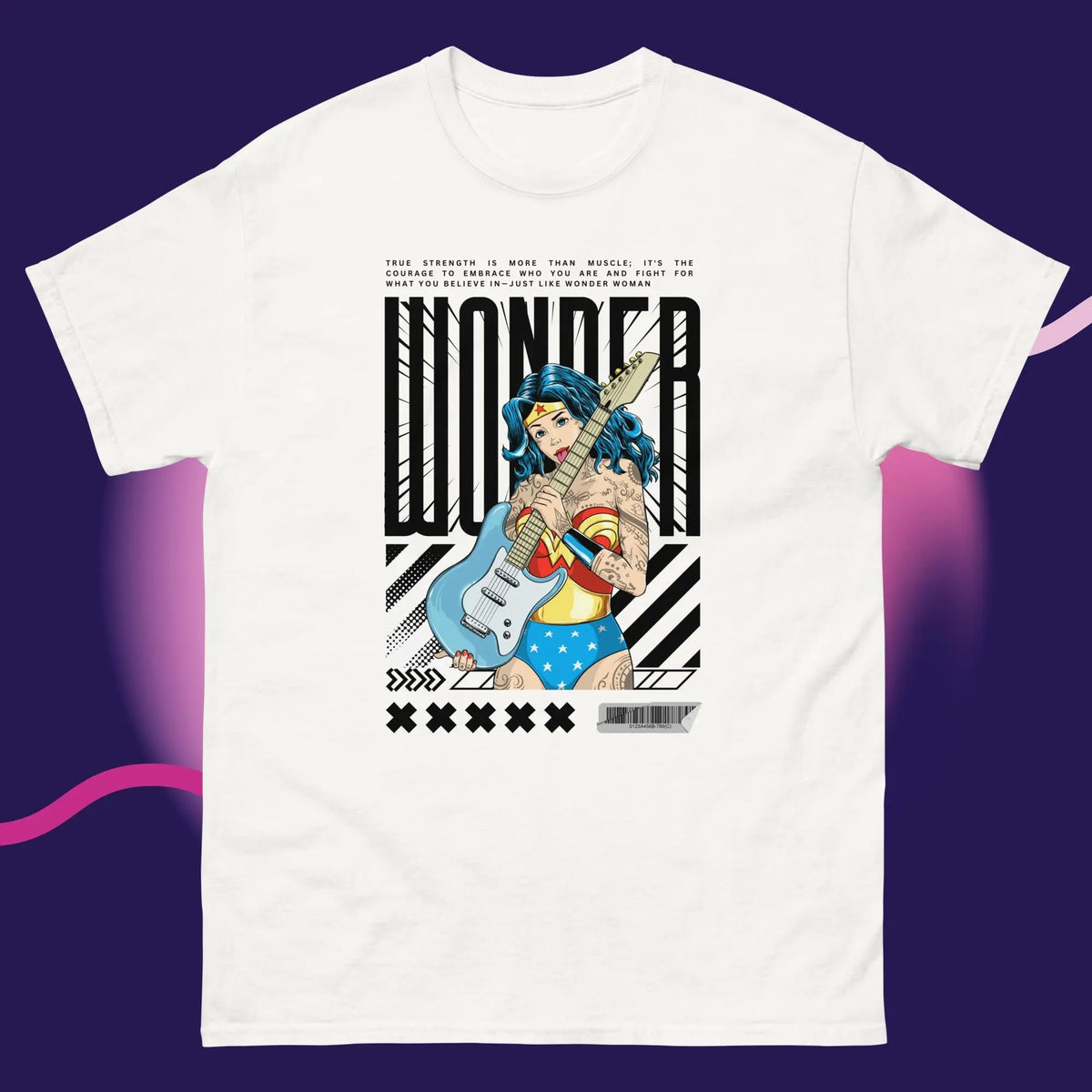 Introducing our exclusive premium t-shirt featuring a one-of-a-kind, vintage-inspired design that combines classic charm with a modern twist. This unique piece showcases Wonder Woman, reimagined in an original artistic style. Draped in intricate tattoos that highlight her iconic strength and grace, she confidently strums a guitar, adding a touch of rebellious edge. With a seductive gaze that captures both power and allure, this design blends superhero mythology with rock ’n’ roll attitude.