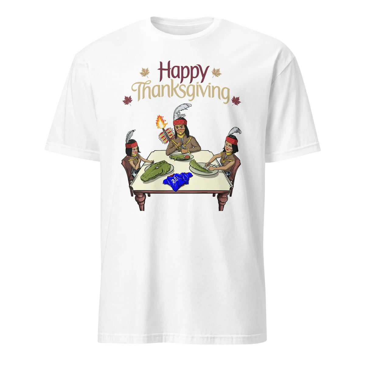 White t-shirt with ‘Happy Thanksgiving’ text above three cartoon Seminole characters carving and serving a cooked Florida Gators mascot at a holiday dinner table.