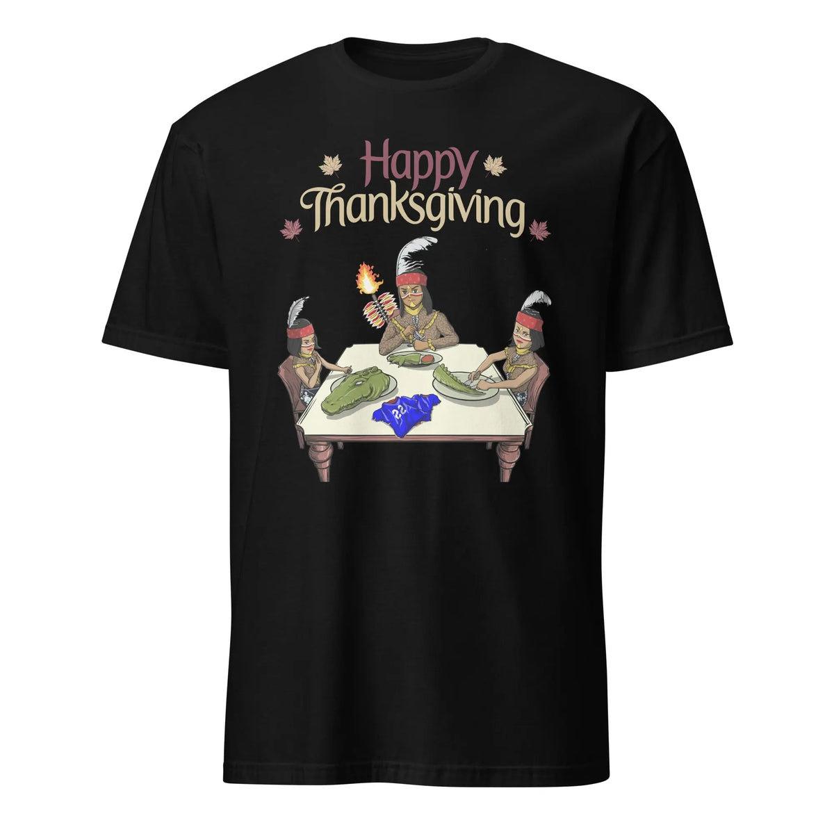 Blackt-shirt with ‘Happy Thanksgiving’ text above three cartoon Seminole characters carving and serving a cooked Florida Gators mascot at a holiday dinner table.