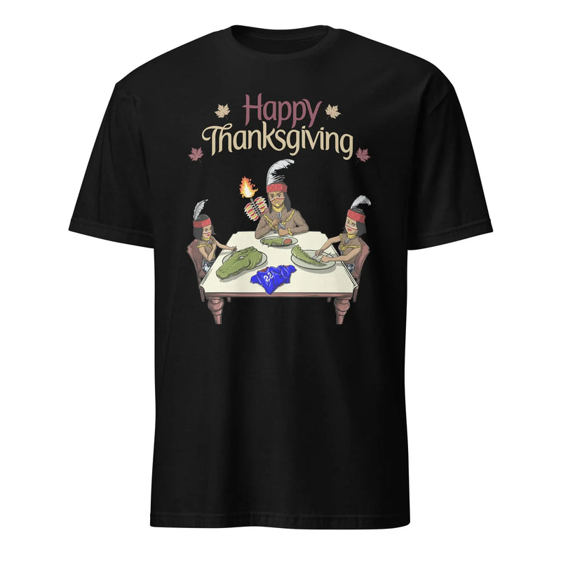 Blackt-shirt with ‘Happy Thanksgiving’ text above three cartoon Seminole characters carving and serving a cooked Florida Gators mascot at a holiday dinner table.