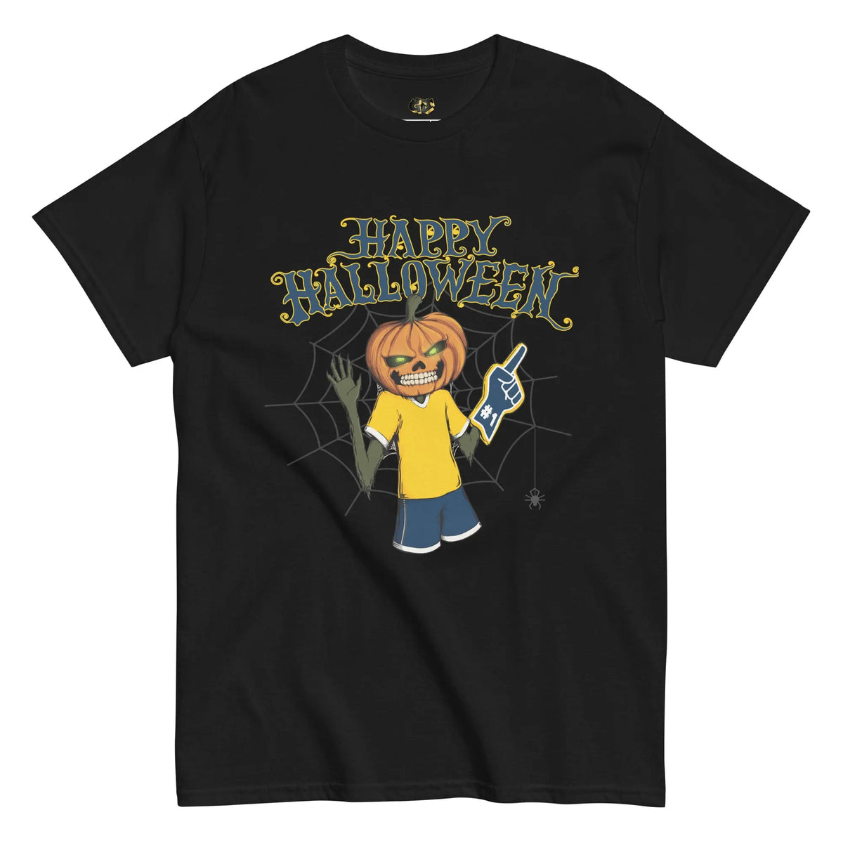 Black t-shirt featuring Lanny the Jack-o’-Lantern in Wolverine colors, holding a foam finger with ‘Happy Halloween’ text and spooky cobweb background.