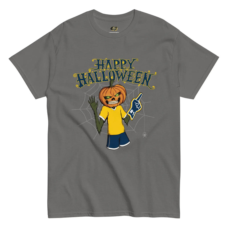 Grey t-shirt featuring Lanny the Jack-o’-Lantern in Wolverine colors, holding a foam finger with ‘Happy Halloween’ text and spooky cobweb background.