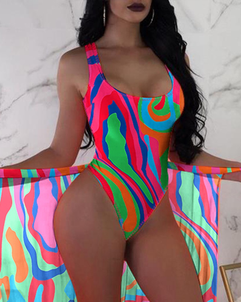 Multi-Color Abstract U-Neck One Piece Swimsuit with Cover Up