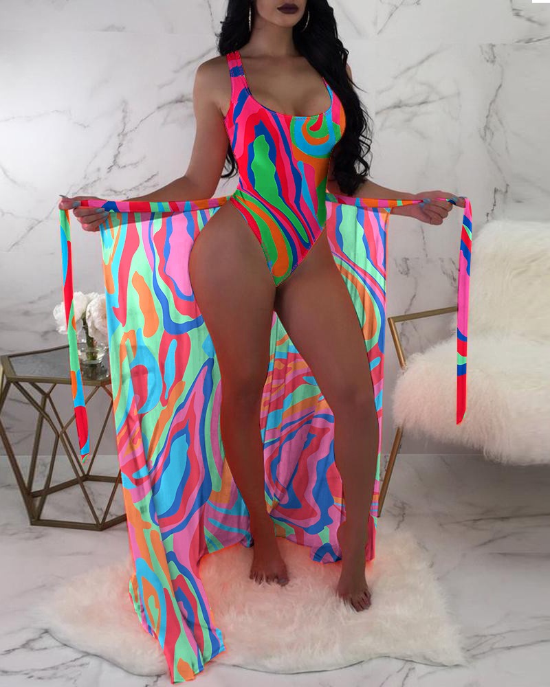 Multi-Color Abstract U-Neck One Piece Swimsuit with Cover Up