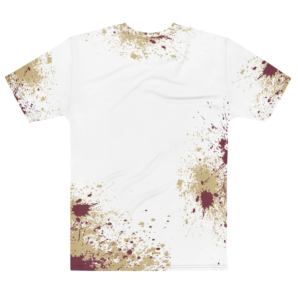 White t-shirt with garnet and gold text reading ‘Seminoles’ across the chest, featuring an all-over garnet and gray paint splatter design
