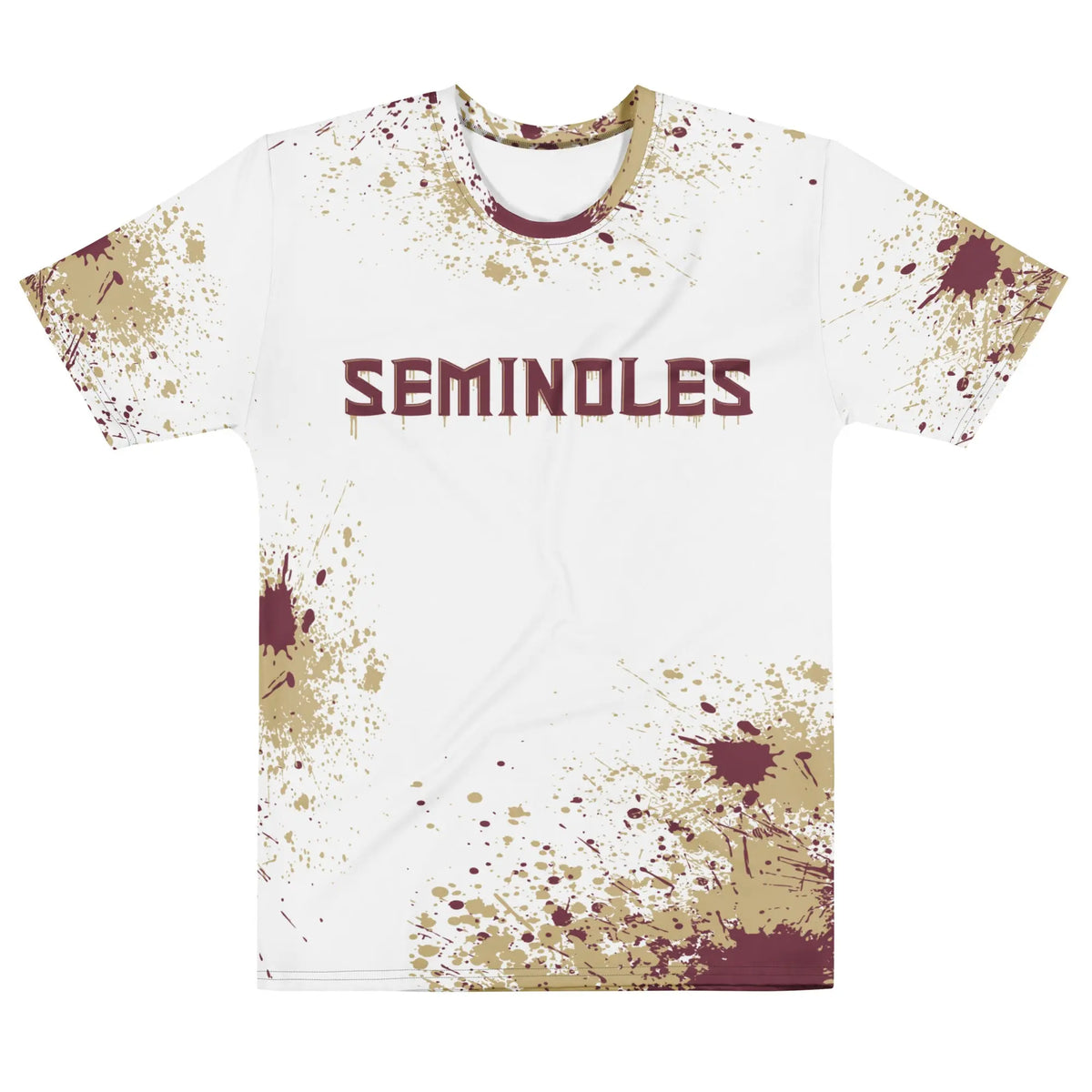 White t-shirt with garnet and gold text reading ‘Seminoles’ across the chest, featuring an all-over garnet and gray paint splatter design