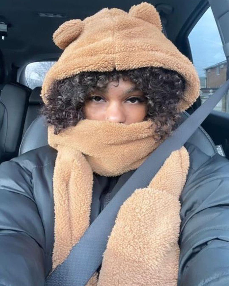 One-Piece Scarf Mask Earmuffs Fuzzy Winter Thermal Hat With Teddy Bear Ears
